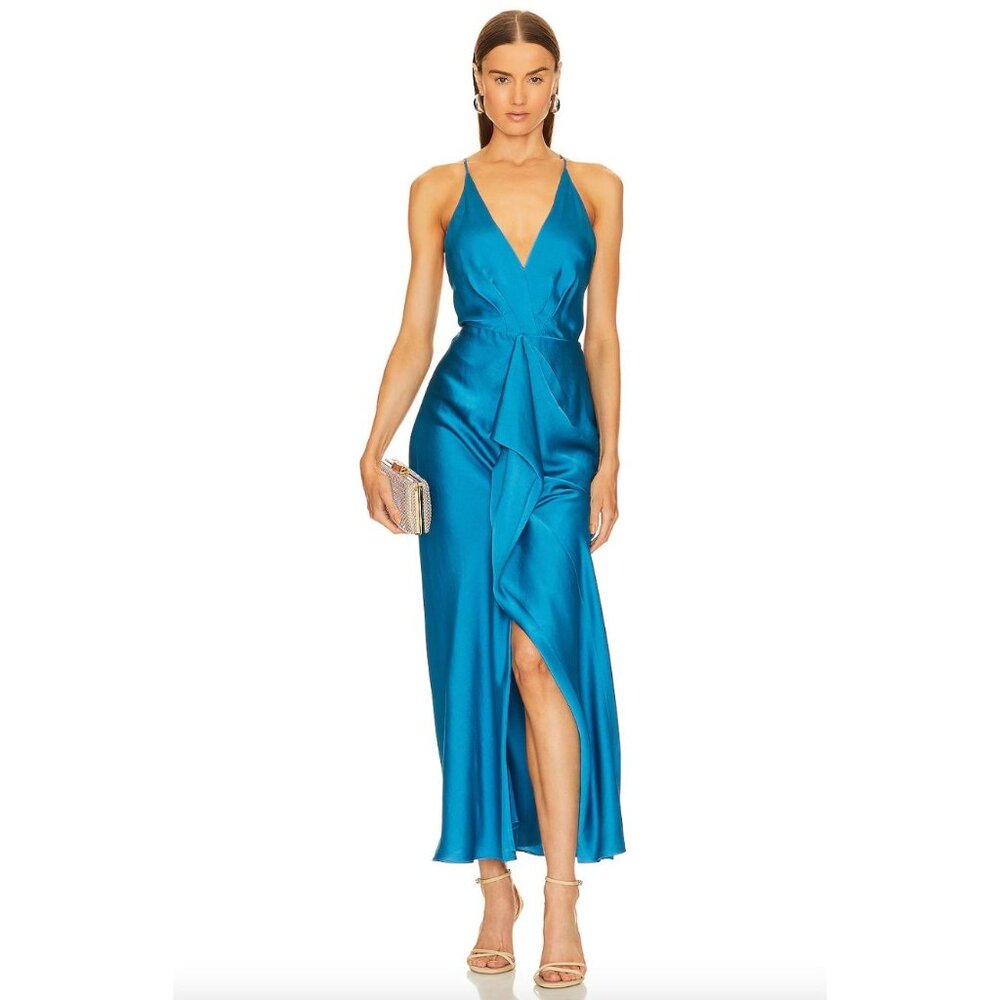 SIMKHAI Giana Draped Gown Maxi Dress Satin Adjustable Strap Size 4 Phthalo Blue
